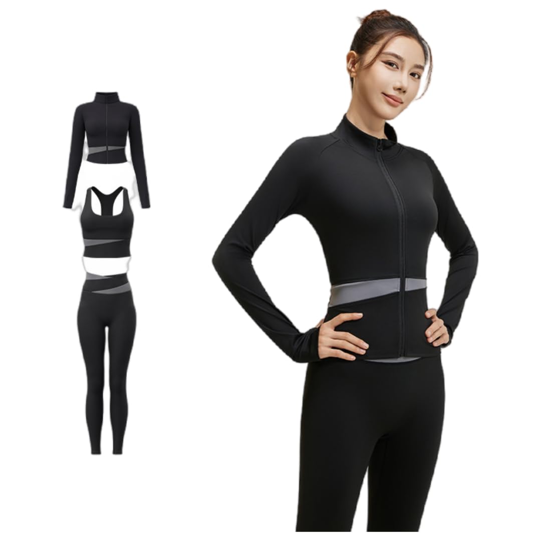 Women's 3pcs Seamless Workout Outfits Sets, Yoga Sportswear Tracksuit Leggings and Stretch Sports Bra Fitness