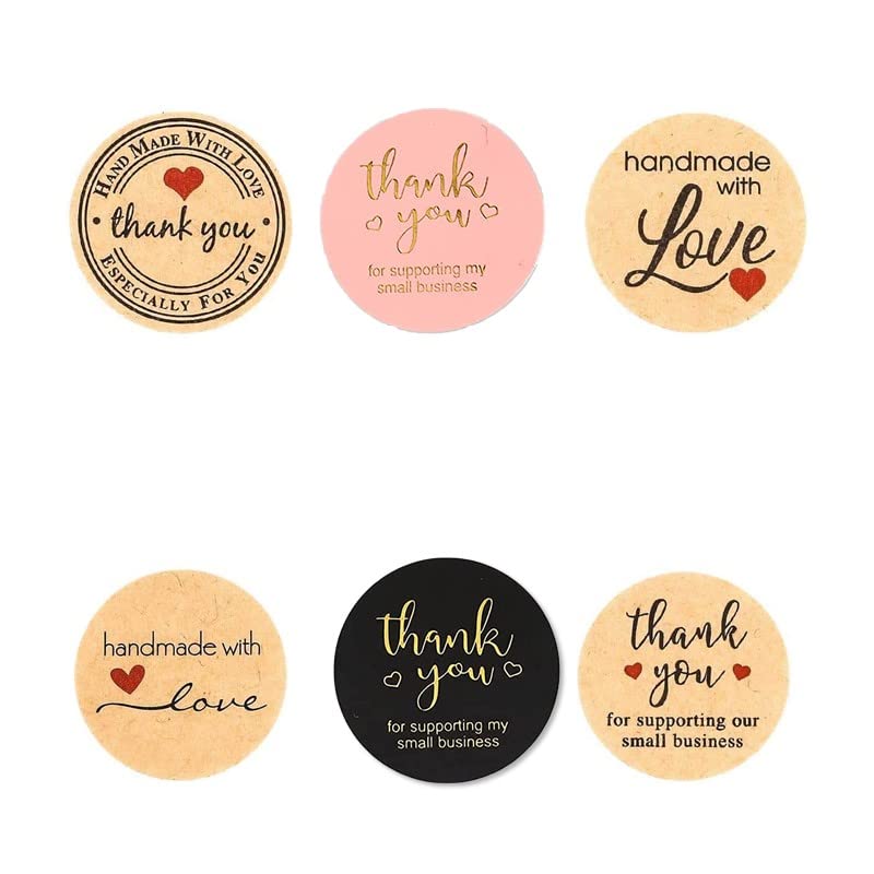 Thank You Hand made with love Stickers Round Labels 1 Inch 25 mm, 6 Modern Style Design models Craft Gold fonts, for Envelope Greeting Cards Hand Made Gifts Packing Supplies no. of labels D1 (60)