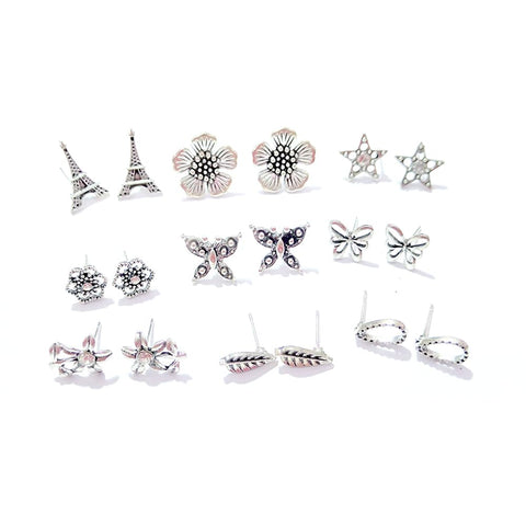 9 Earrings, Antique Silver Color Different Shapes - Stone Earrings for Women Boho Style 4, Set 1