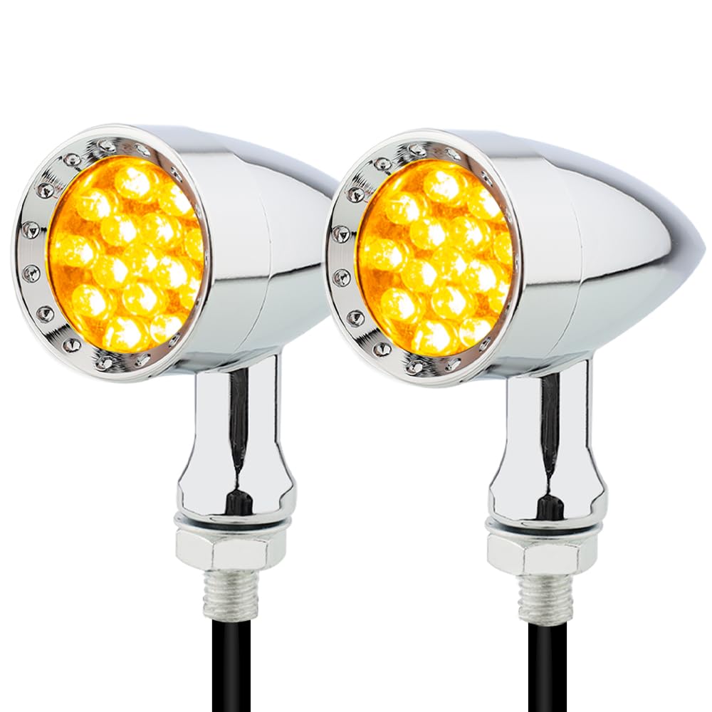Motorcycle LED Turn Signals Bullet Front Rear Indicator Lights Universal Compatible with Harley Davidson Cruiser Iron Softail Street Bike Honda Shadow Yamaha Chopper Bobber Cafe Racer (B-Chrome-Amber)