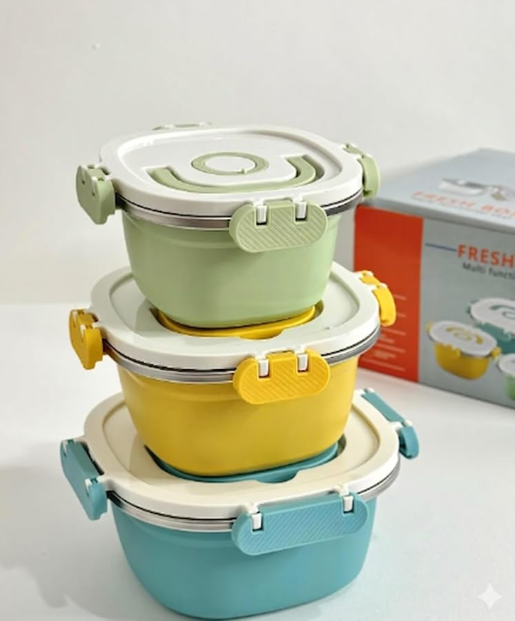 Fresh Box Food Container Set, 3 Pieces, Yellow, Green, Blue, Stainless Steel, Quadruple Airtight Seal, Smart Ventilation Valve by Dollar for Housewares Import
