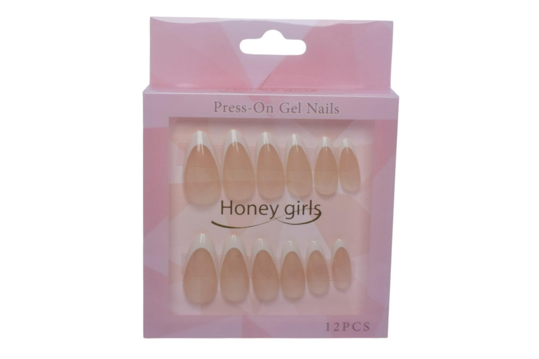 Girls Plastic Plain Press On Nails Set, 12 Pieces - Beige White
