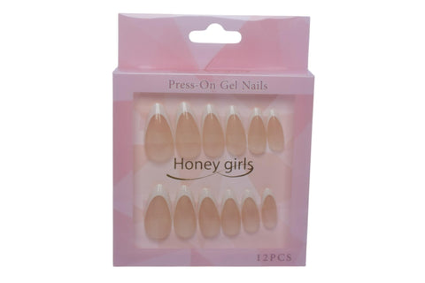Girls Plastic Plain Press On Nails Set, 12 Pieces - Beige White