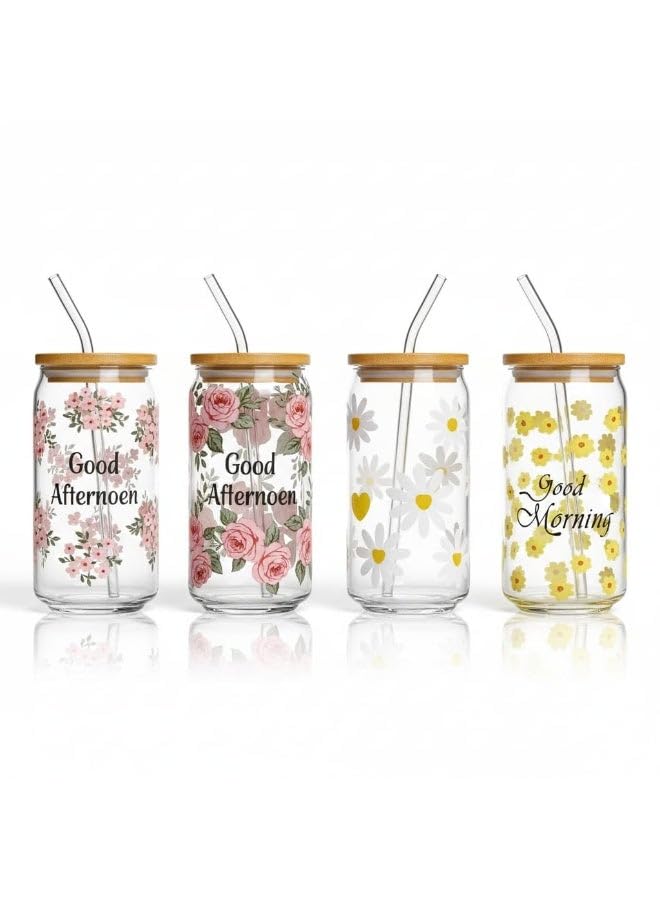 Beautiful morning flower-decorated glass mugs with glass straws and wooden lids for iced coffee and fresh juices - 4-piece set - Good Morning and Good Afternoon.