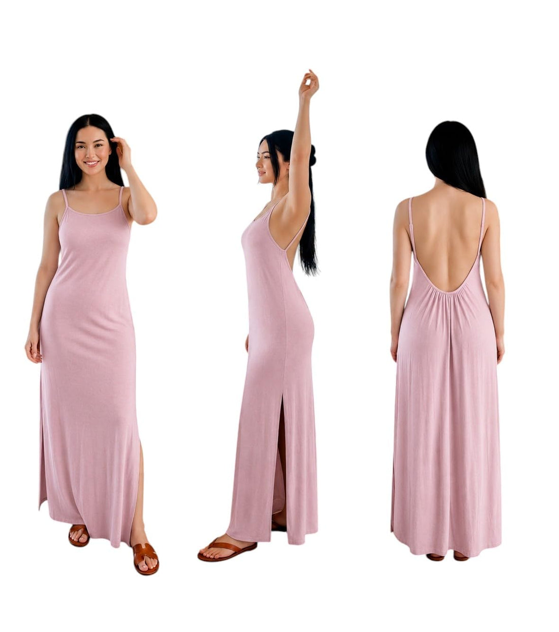 MEZA Women's Long Open Back Dress Cotton 200 Soft Spaghetti Straps Casual Elegant