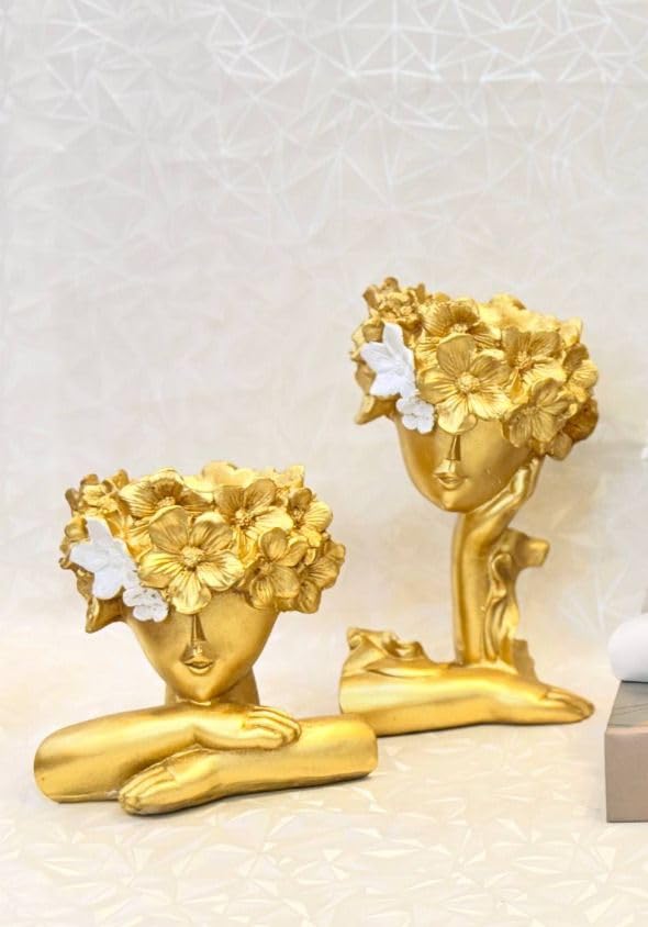 Ankh-Home-Supplies Decorative Floral Head Bust Vase, Gold White Black Statues with Flower Crown, Modern Art Sculpture, 2 Piece Set (Gold)