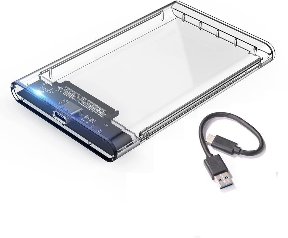 KM Technology 2.5" SATA to Type-C External Hard Drive Enclosure – Transparent Case for 2.5” SSD/HDD, Tool-Free, UASP Supported, High-Speed 5Gbps