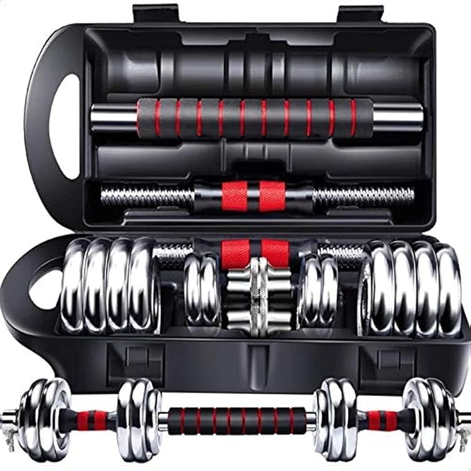 Chrome Dumbbell Set With Connecting Bar 15 Kg - Silver Red
