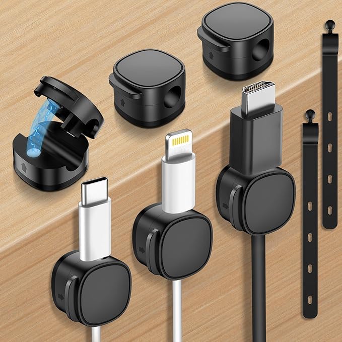 8 Pack,Magnetic Cable Clips & Silicon Cable Ties,Cord Holder[Cable Smooth Adjustable Desk Organizer],Under Desk Cable Management,Adhesive Home Office Wire Holder Keeper for Car/Charger/Computer-Black