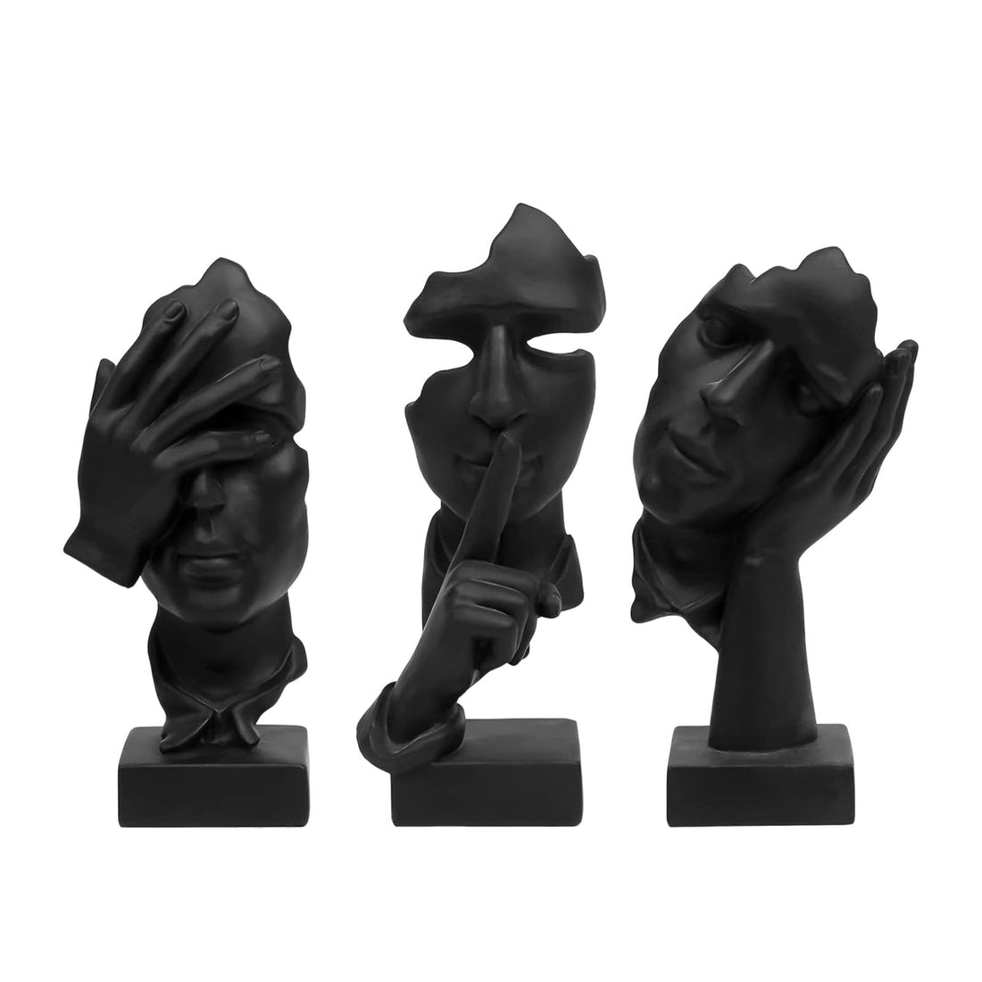 aboxoo 3 Pcs Thinker Statue, Silence is Gold Abstract Art Figurine, No Hear No See No Speak Modern Home Resin Sculptures Decorative Objects Modern Decor for Creative Room Home, Office Study (Black)