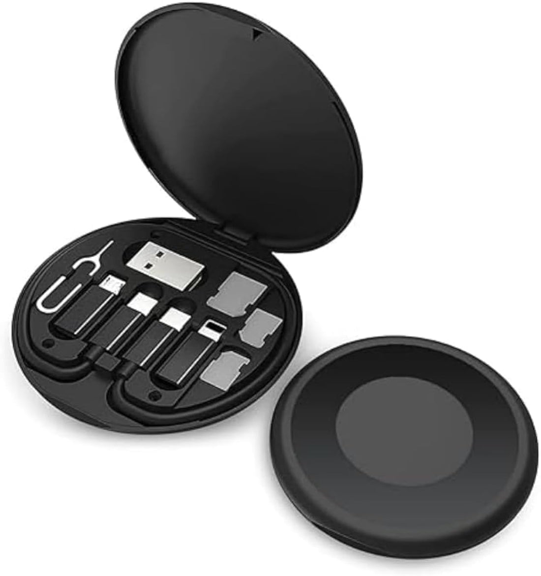 USB Cable Conversion Storage Box, Multi-Type Charging Line Adapter, Micro Type C Data Transfer Tool, Contains SIM Card Slot and Tray Eject Pin Used as Phone Holder (Black)