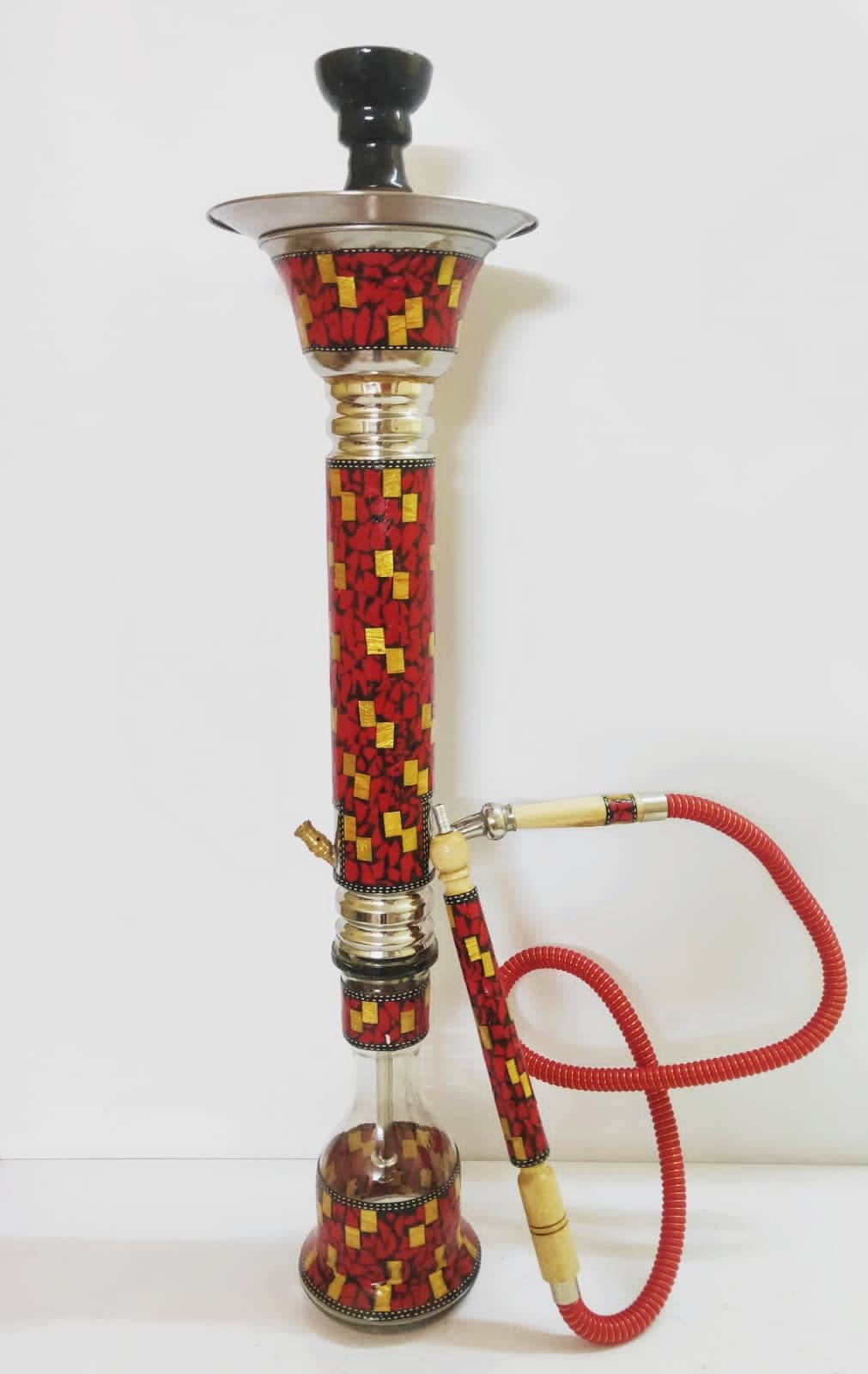 Mother of Pearl Dana Red & Yellow Hookah with Chiller Stem and Matching Glass Vase (Dana 005)