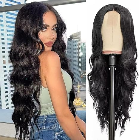 ECIF Women Long Natural Brazilian Fluffy Hair Wig, Color Black