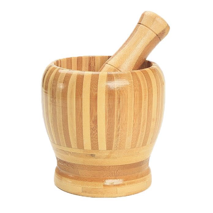 Bamboo Mortar - Pestle Set with Natural Wood Striped Design for Grinding Spices Herbs Essential Kitchen Tool Durable Eco Friendly Heavy Duty Manual Grinder for Culinary