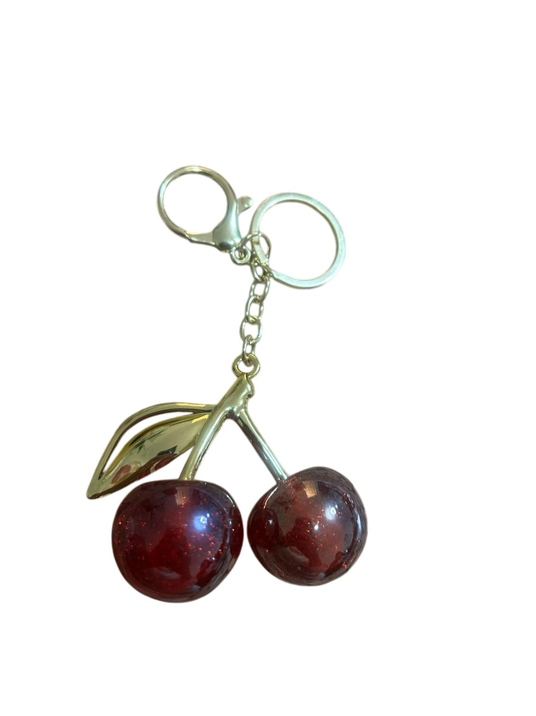 Cherry Keyring, Handbag Accessory for Women Girls, Gold Plated Pendant with Red Glitter Details, Versatile for Purses Bags Car Decor Large Size