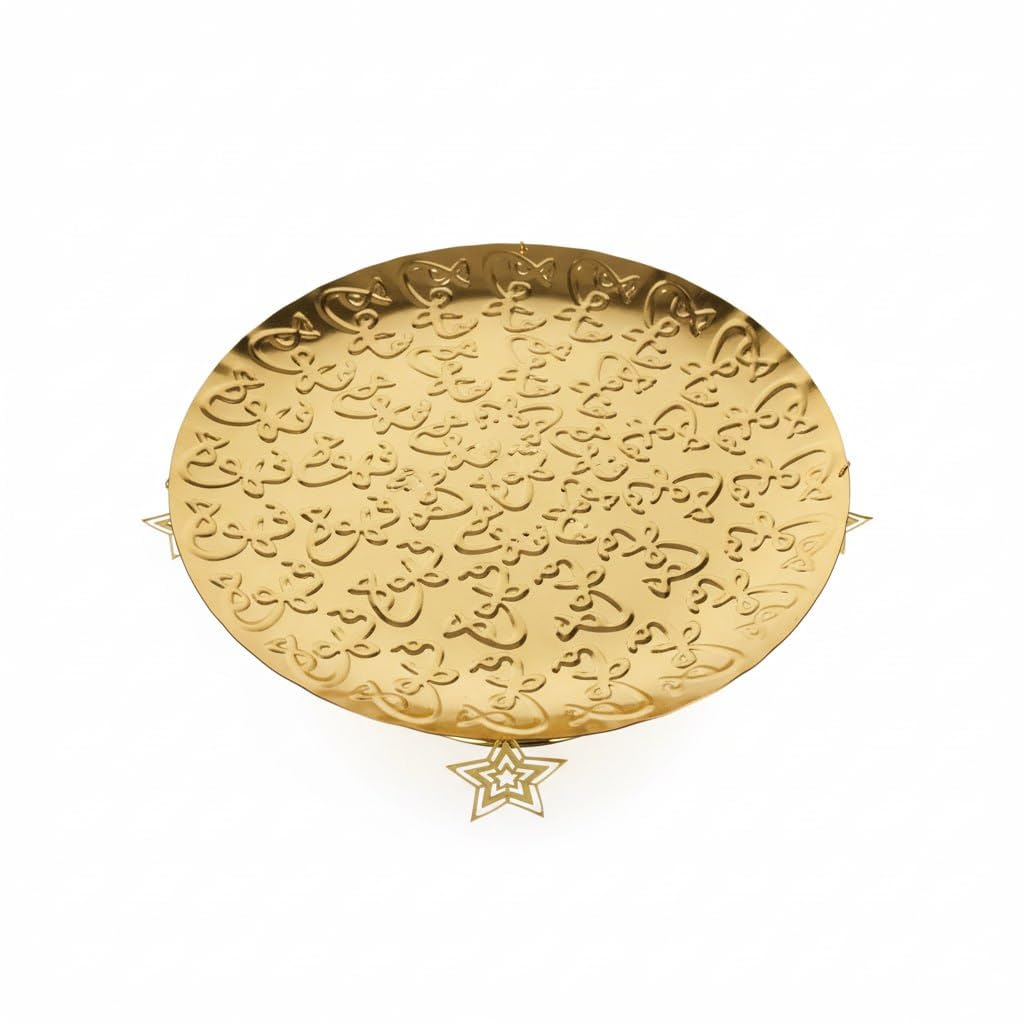 Round Gold Serving Stand with Laser Embossed and Star Pendants - Luxury Dates Dessert Tray for Ramadan Home Decor