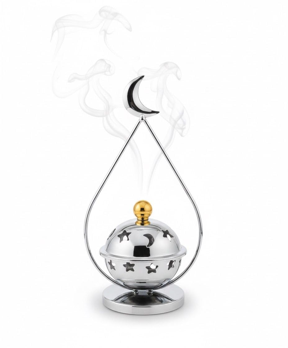 Incense Burner Metal Silver Crescent Star Design Home Decor Arabic Islamic Style Aromatherapy Holder Gift (large1, 1, piec)