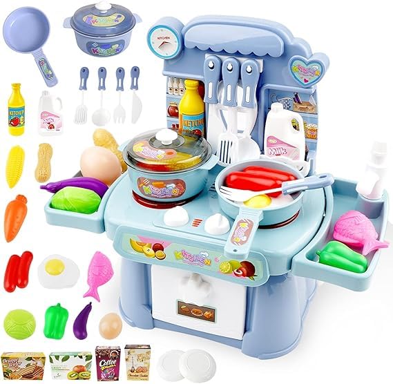 Next Store Pretend Kitchen Toys, Chef Toy with Light and Music, Safe and Cute Dinner Set Toy for Girls, Fun Gift Toy for Kids, Kitchen and Sink Toy with Running Water and Induction Stove (Blue)