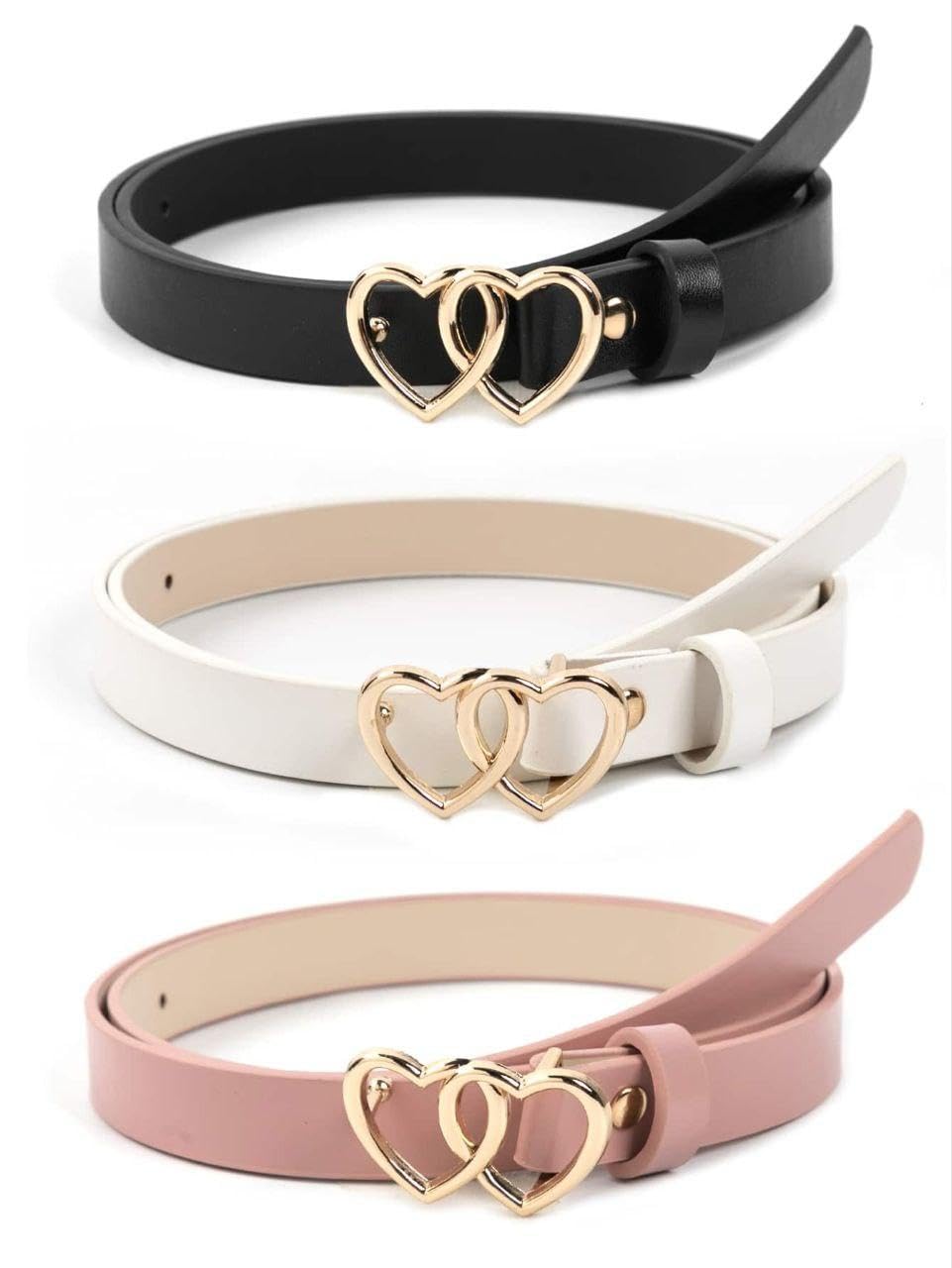 Girls Waist Belts with Heart Buckles - Three versatile PU belts to elevate your look, perfect for adding structure and flair to dresses, skirts, and tops.