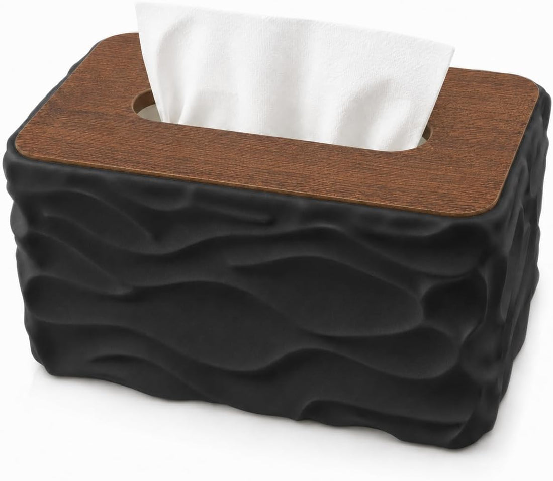 Box Tissue Holder with Wooden Lid, Modern Decorative Napkin Box Cover, Clean Table Organizer for Bathroom, Bedroom, Living Room, Office and Kitchen G-1121 (Black)
