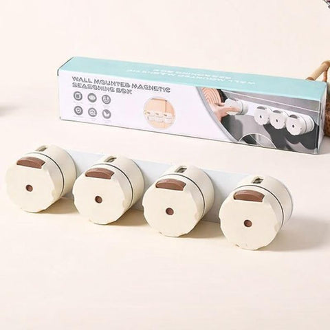 Magnetic Wall Mounted Spice Dispenser, 4 Jars with One Push Button, Clear with Silver Lids