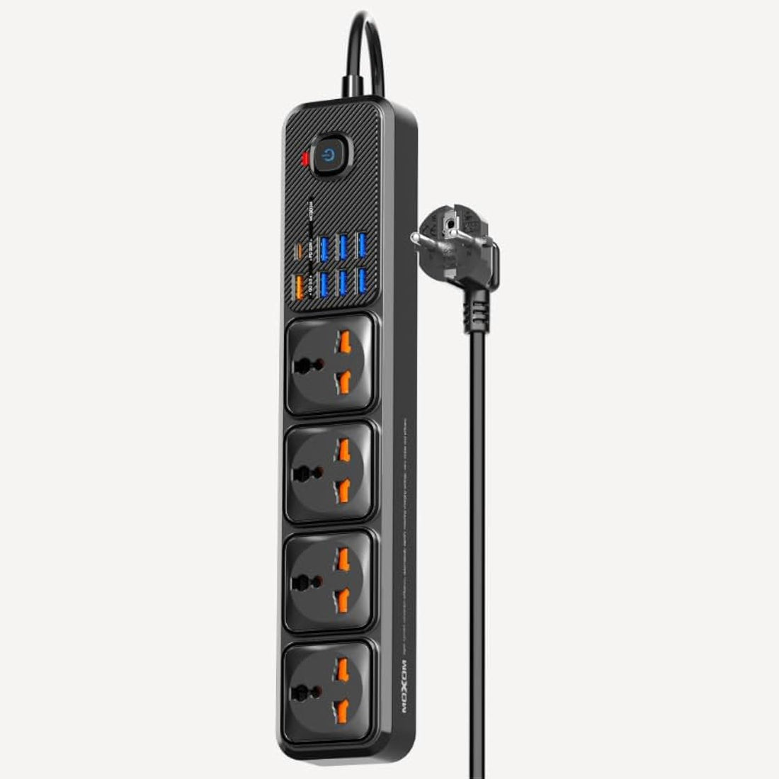 Moxom MX-ST16 12 IN 1 PD Power Strip With 4 Universal Socket, 7 USB, 1 Type-C PD And One Key Master Control For Multi Devices 20W 3 Meter - Black