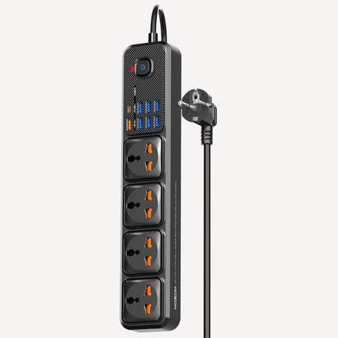 Moxom MX-ST16 12 IN 1 PD Power Strip With 4 Universal Socket, 7 USB, 1 Type-C PD And One Key Master Control For Multi Devices 20W 3 Meter - Black