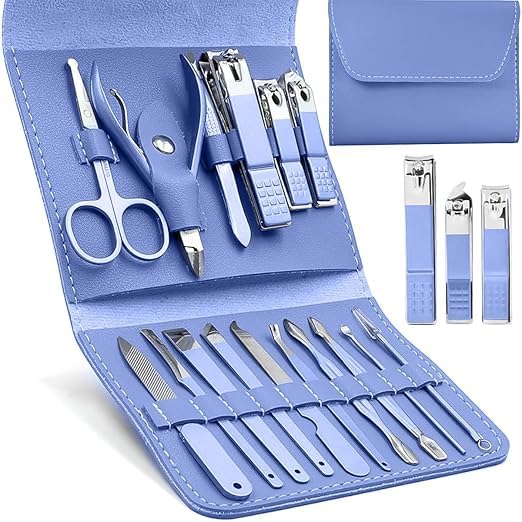 Manicure Set, Manicure Pedicure Set, Professional Pedicure Kit for Men & Women, Stainless Steel Nail Clippers, Scissors & Grooming Tools with Luxury Leather Case, 16 in 1 (Blue)