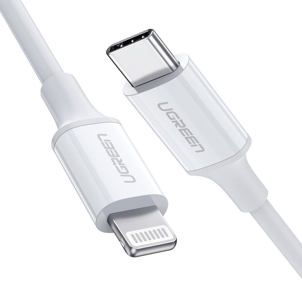UGREEN Rubber Shell Charging And Data Transmittion Cable (3A -1M), USB-C To Lightning PD Plug Compatible With Apple iPhone iPad Airpods - White
