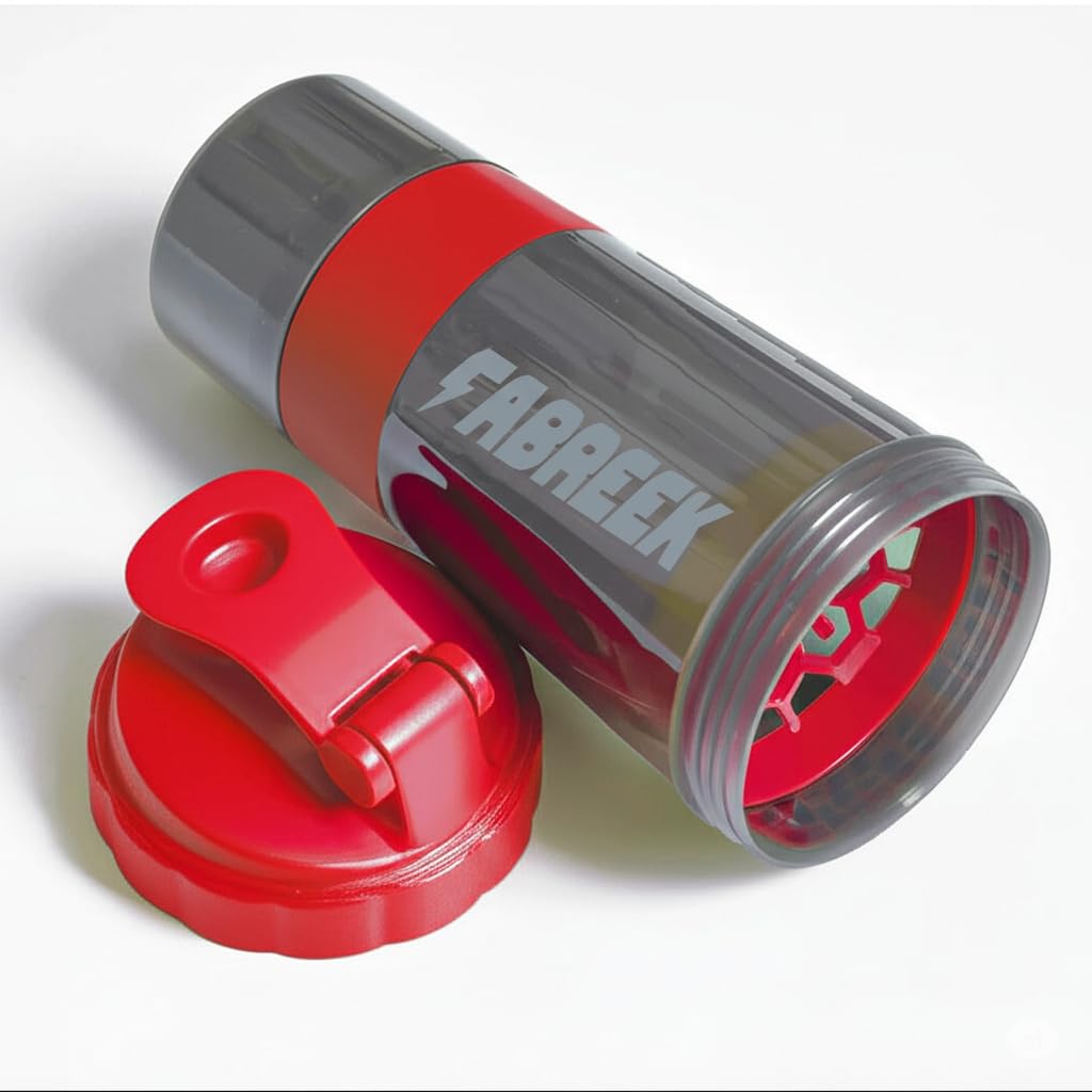 FABREEK 3-Tier Protein Shaker Bottle 16oz Sports Blender Cup with Two Twist On Storage Containers for Powders Supplements LeakProof Design with Mixing Strainer for Gym Travel (Red & Black)