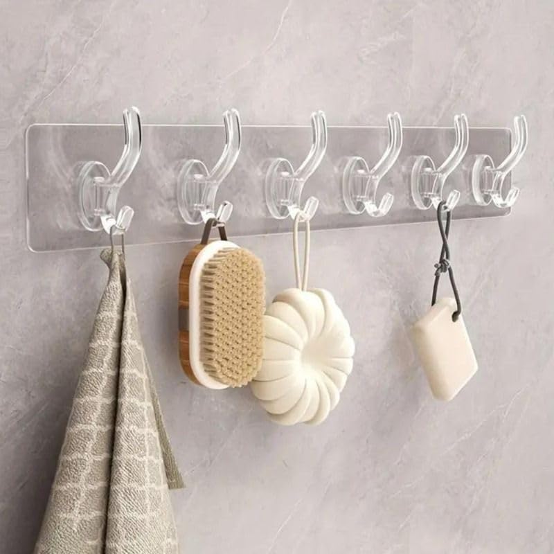 Adhesive Hooks Holder, Strong Adhesive Hook Holder with 6 Hooks, No Drilling Hanging for Bathroom Kitchen Waterproof Heavy Weight 1 Pack