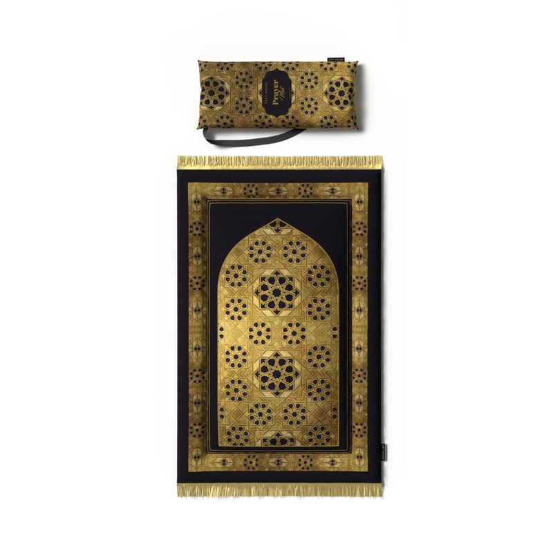 ART MOOD HOME Prayer Mat Padded Prayer Rug Mat For Kids, Velvet, Soft Low Pile with Supportive Cushioning, Lightweight and Foldable for Home and Mosque 005, 117L × 68W cm, Gold And Black