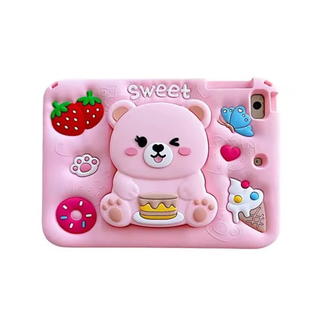 Fekra Cartoon 3D Silicon Handle Stand Cover For iPad Pro 11 Inch (M5/M4) 2025/2024 Case, iPad Pro 11 Inch (2022/2021/2020) Funda Case (With Rope) (Bear)