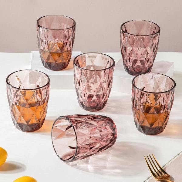 Ribbed Crystal Glass Set of 6, Pink Diamond Cut Drinking Glasses for Tea or Juice, .hg