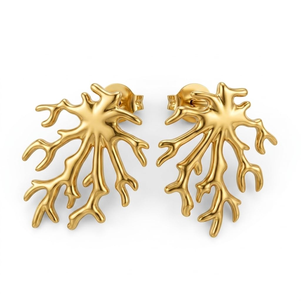 Gold Coral Branch Statement Earrings – Abstract Organic Design, Stainless Steel Fashion Jewelry for Women