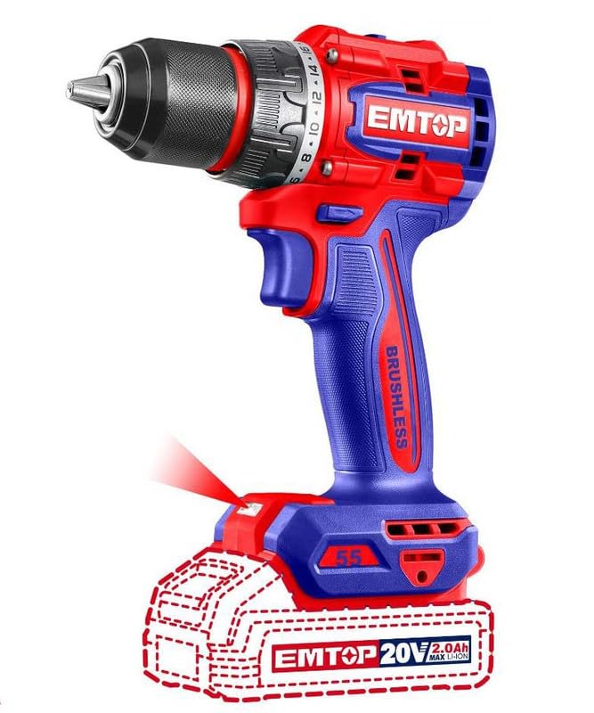 Emtop 20V Compact Brushless Cordless Hammer Drill Kit (55Nm) with 1 Battery - Blue/Red