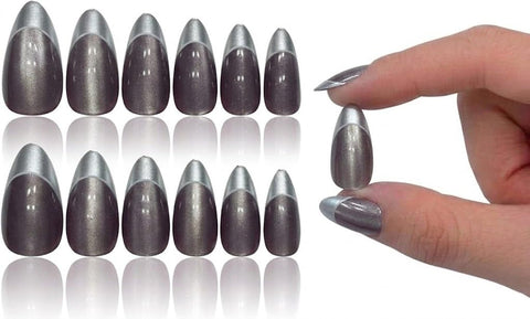 12pcs Gel Press On Nails Coffin OVAL Shiny False Nails Full Cover Artificial Fake Nail Art Tips- Comes With 1 SHEET DOUBLE FACE -SILVER FRENCH MIX COLOR (N3)