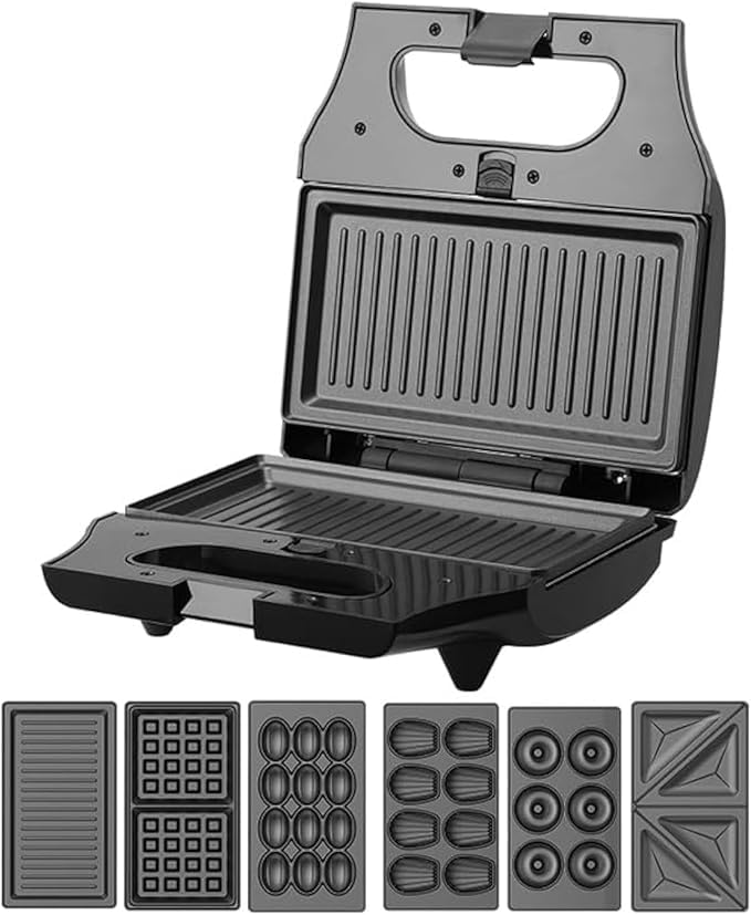 6-in-1 Sandwich Maker with Interchangeable Plates for Waffles, Donuts, Pancakes, Triangle Sandwiches, 800W, Black and Silver