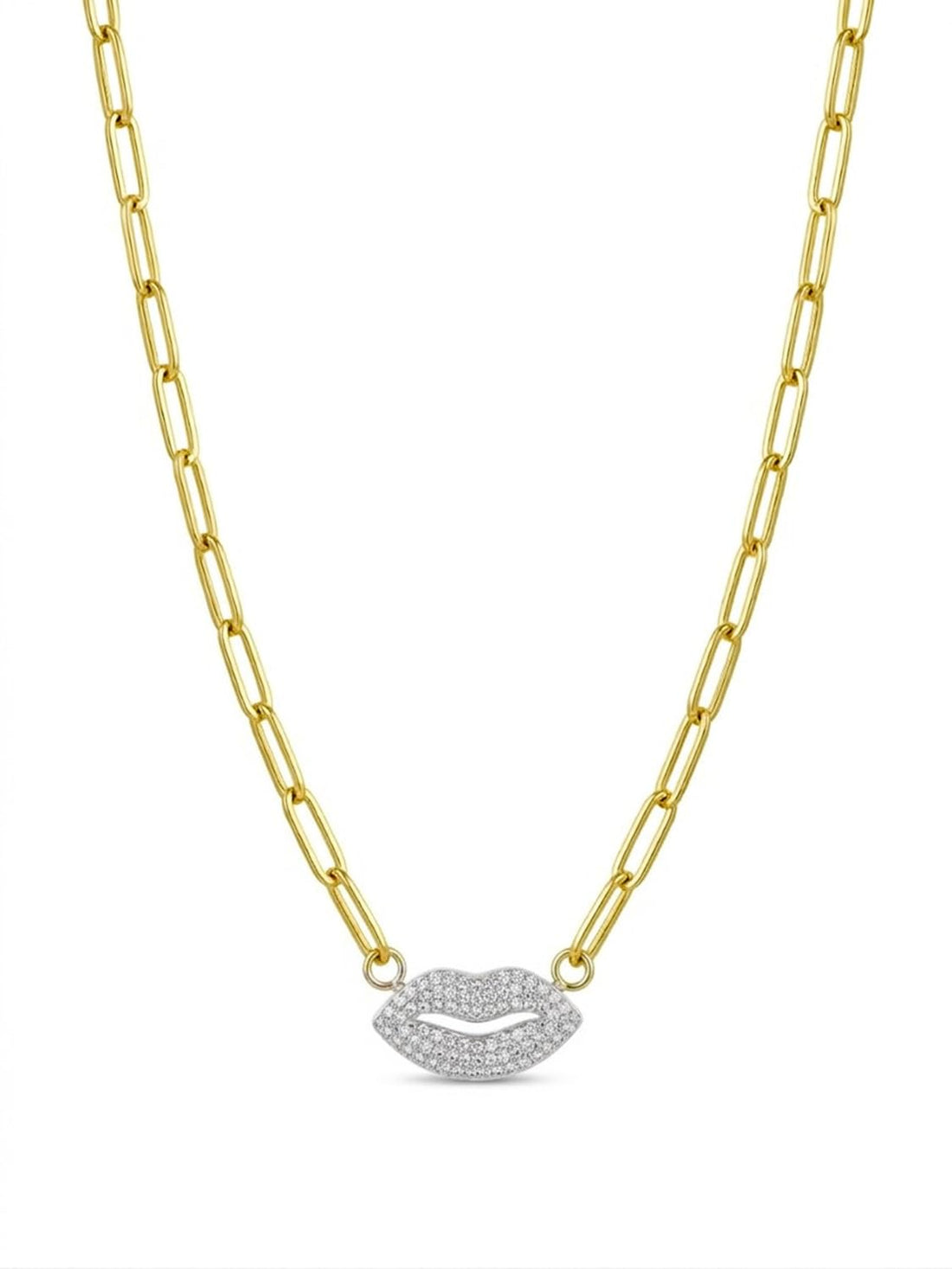 Julia Store 18K Gold Plated Stainless Steel Aesthetic Exquisite Luxury Elegant Dainty Cute Trendy Elegant Vintage Inlaid Cubic Zirconia Kiss Lips Paperclip Chain Necklace Women Jewelry Gift