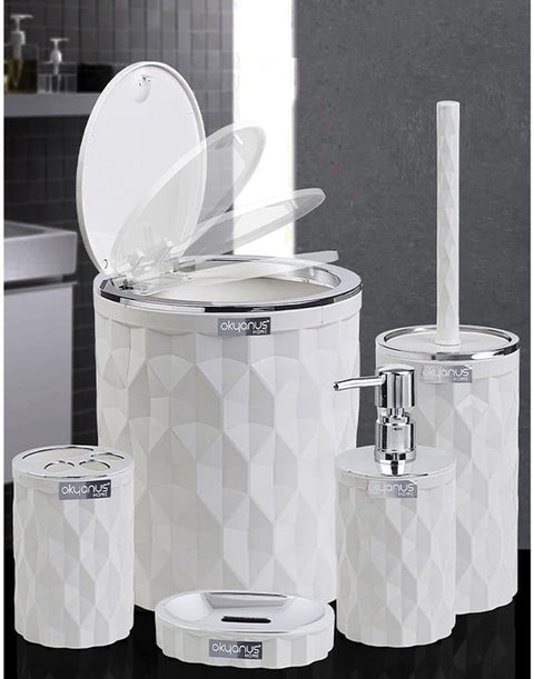Okyanus Diamond Bathroom Set 5 Pcs Trash Can 5 lt - Toilet Brush & Holder - Soap Dispenser 250 ml - Toothbrush Holder - Soap Dish Chrome White