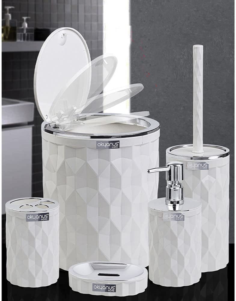 Okyanus Diamond Bathroom Set 5 Pcs Trash Can 5 lt - Toilet Brush & Holder - Soap Dispenser 250 ml - Toothbrush Holder - Soap Dish Chrome White