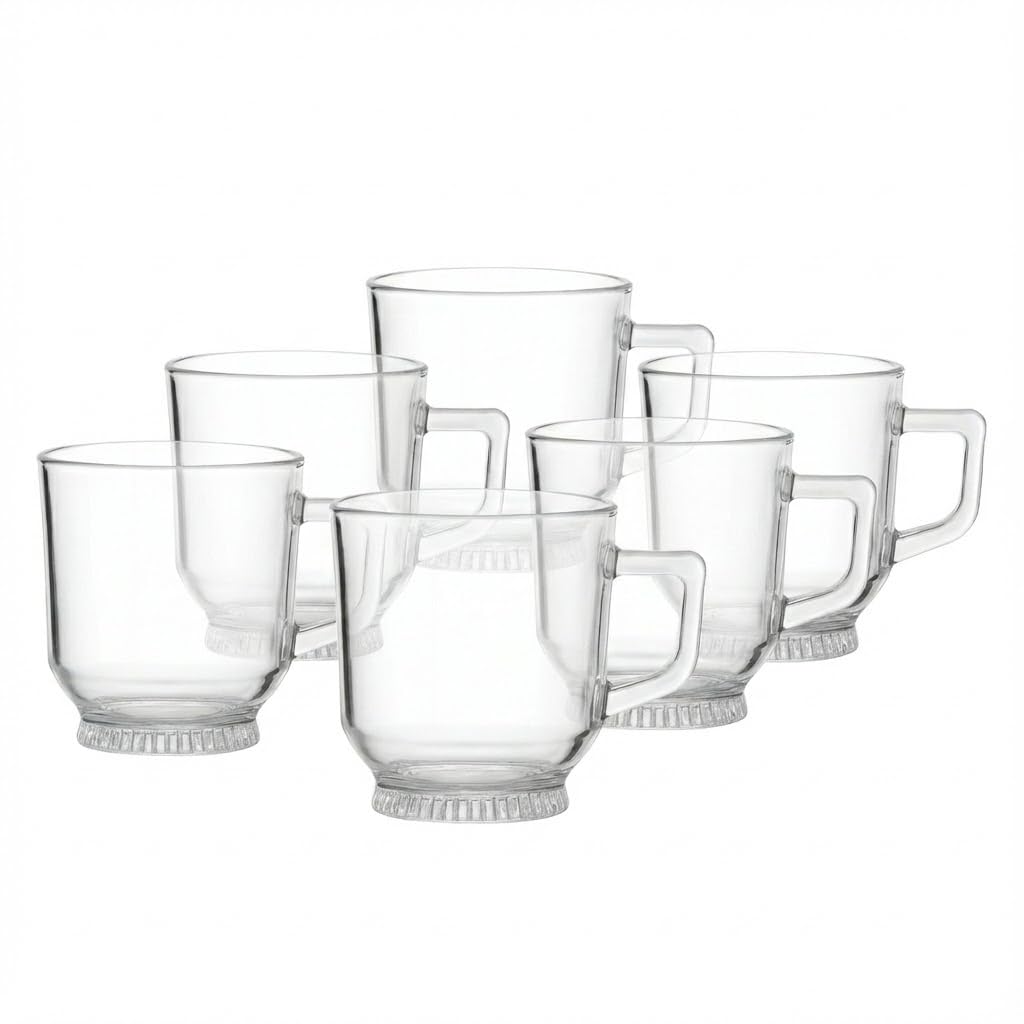 Portal Glass Mug for Tea & Coffee – Plain Clear Design with Etched Base, Smooth Handle (6 pieces)