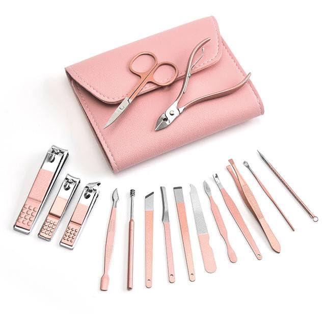 16 in 1 Portable Professional Nail Clipper Set with Nail File, Pedicure Kit, Eyebrow Care Scissors, with Handmade Leather Case, Suitable for Family and Anywhere in Travel H