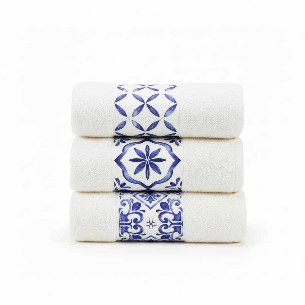 Cotton Towel Set – 3 Pieces (50×100 cm) with Decorative Printed Band | Premium Everyday Use (Blue printed)