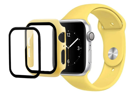 2 in 1 Silicone Band Strap Watch Band & Protective Case with Tempered Glass for Apple Watch Series 7,45mm (Yellow)