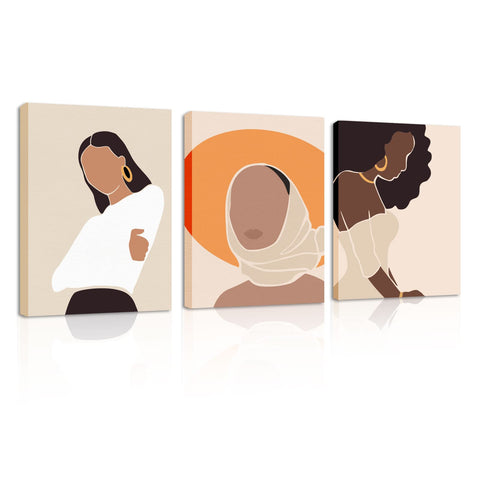 Framed Canvas Wall Art, Minimalist Boho Wall Art Set of 3, 12"x16" Large Size Prints Wall Decor for Bedroom, Living Room, Dining Room,Mid-Century African Women Modern Wall Decor