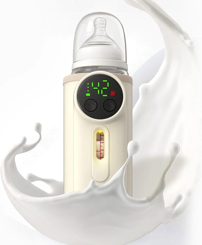 Baby Milk Bottle Warmer, Digital LED Display, 8000mAh Battery, 6 Temperature Levels, Night Light, White