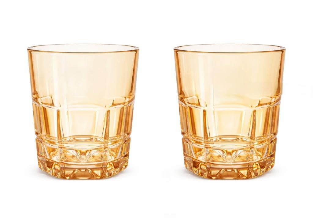 Generic Honey-Coloured Glass Set for Juice and Water, Square Ribbed Design, 305 ml, Set of 6, .em