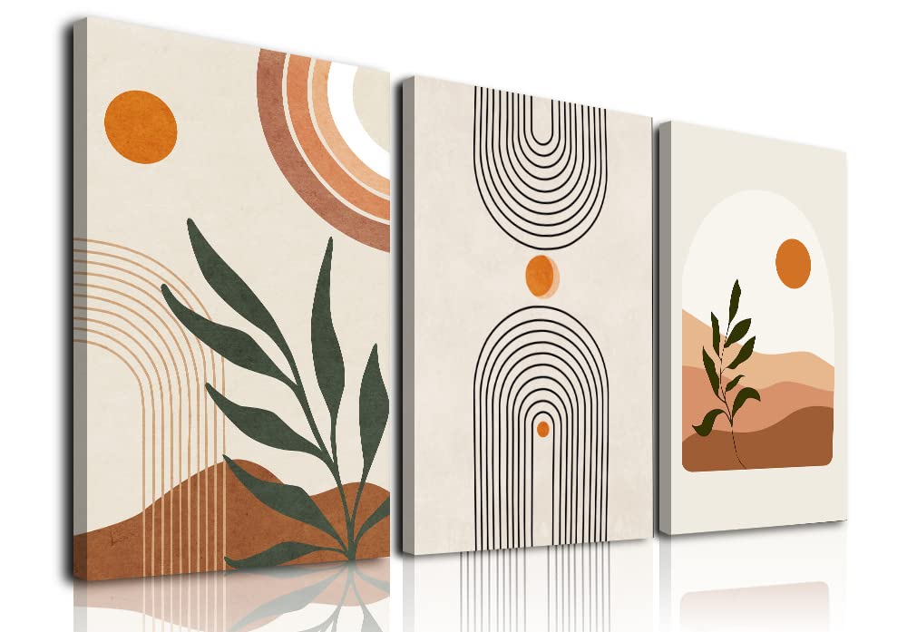 Boho Wall Art Set of 3, MidCentury Modern Wall Prints Framed Canvas Paintings Minimalist Abstract Geometric Beige Orange Moon Plant Desert Nature Illustrations Artwork, Boho Wall Decor Ready To Hang