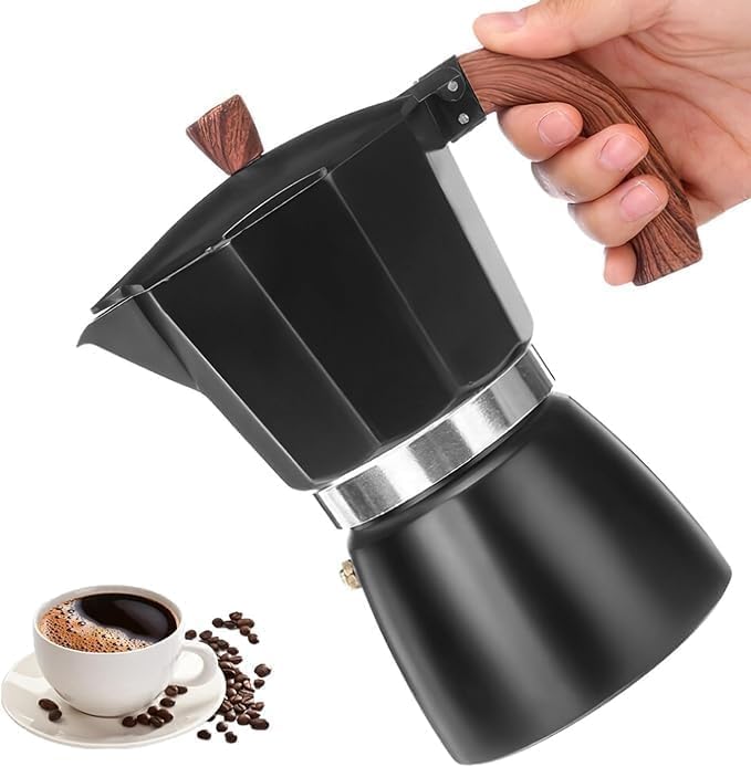 Aluminum Stovetop Coffee Maker with Wooden Handle - Home Espresso Coffee Maker - 3 Cup Capacity